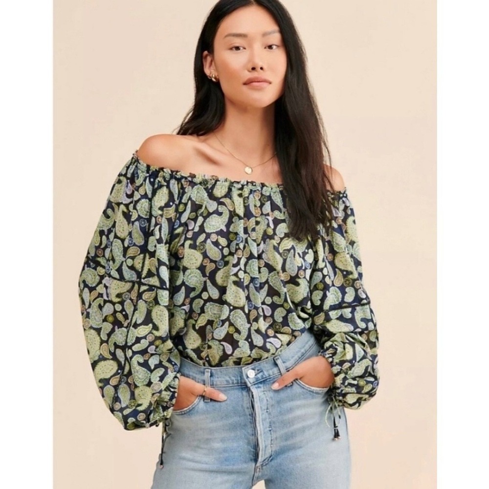 Intimately Free People Sundown Paisley Off Shoulder Balloon Sleeve Bodysuit S